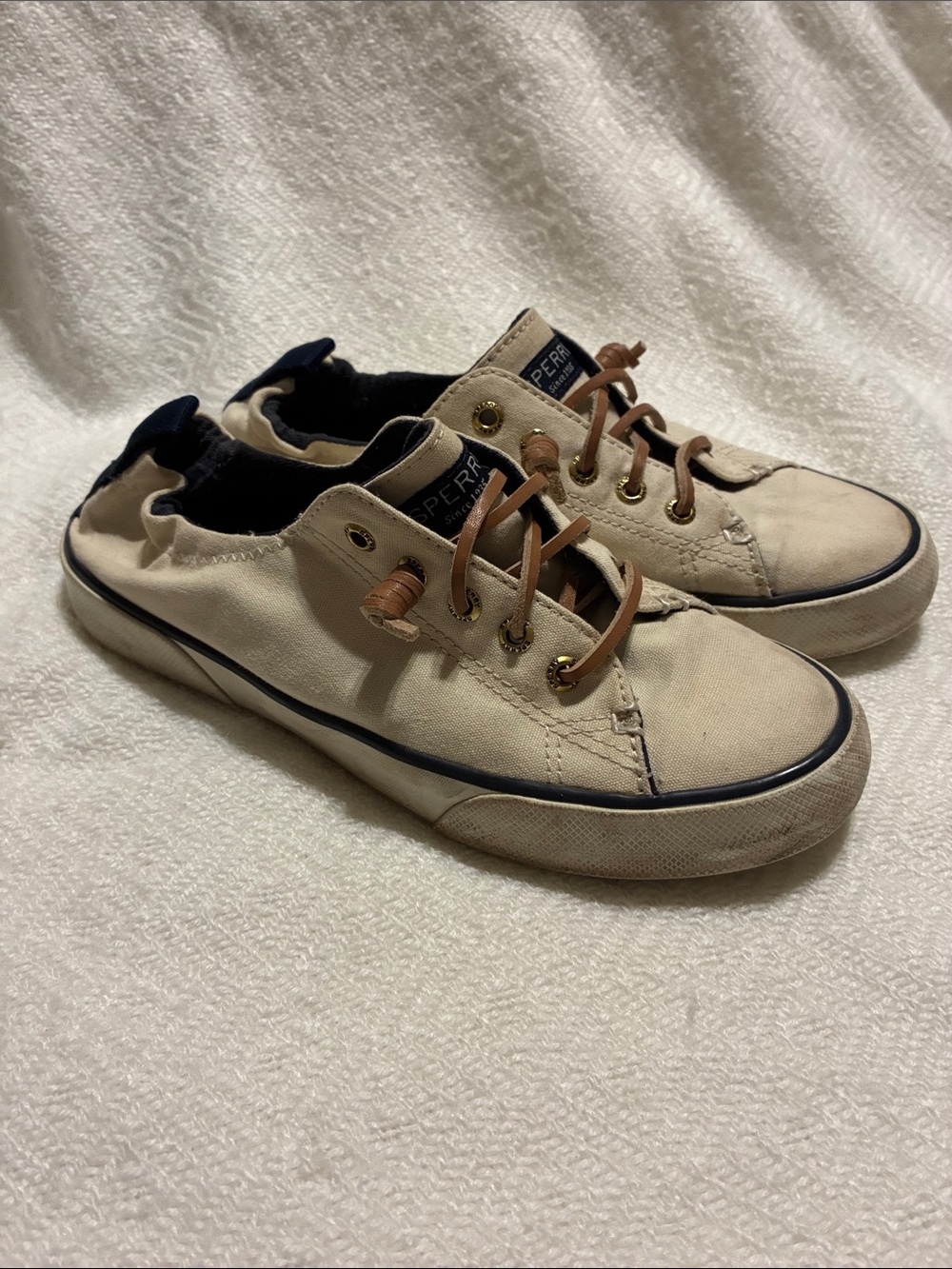 Sperry Kids Cream Canvas Sneakers with Brown Laces and Navy Trim
